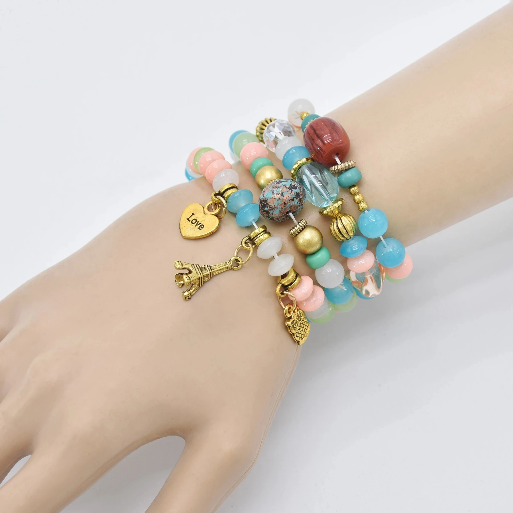 

Bohemian Multi-layer Beaded Bracelets Set Women Heart Pendant Colorful Stone Bracelets Fashion Party Jewelry, A,b,c,d,e,f,g,h