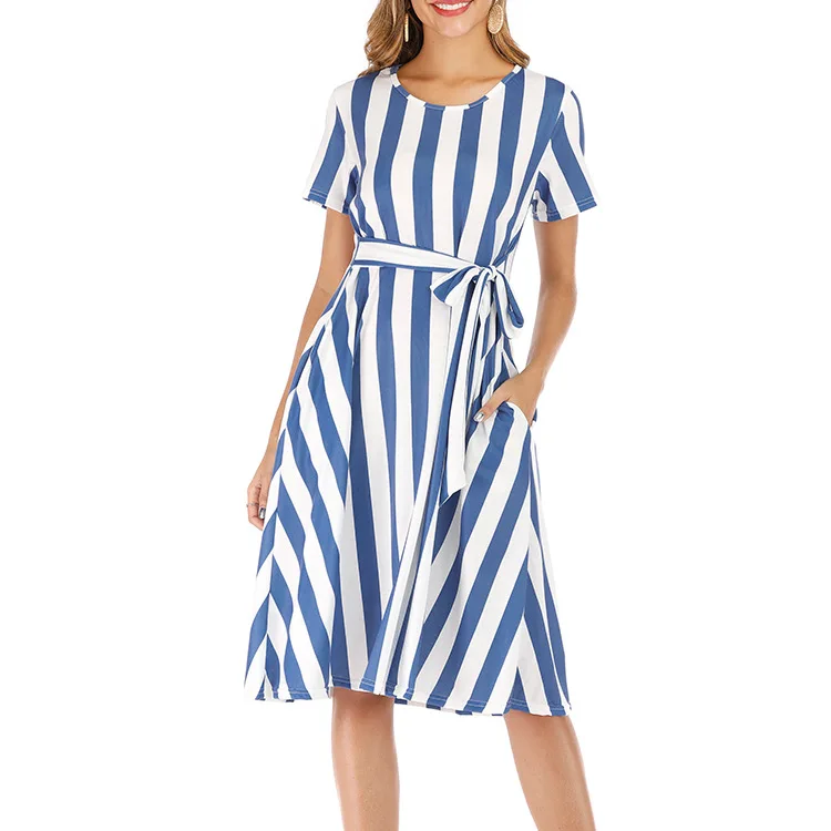 

The new summer dress with round neck, short sleeves and striped straps with large skirt