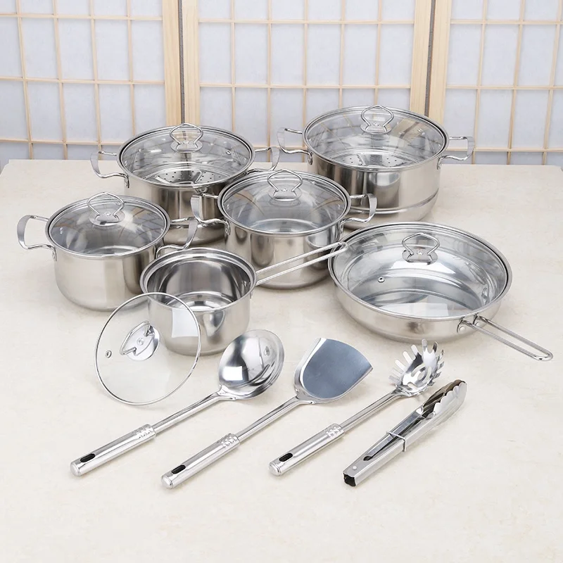 

Stainless Steel 18Pcs Kitchen Cookware Set Cooking Pots & Pans with Glass Cover cookingware set, Natural