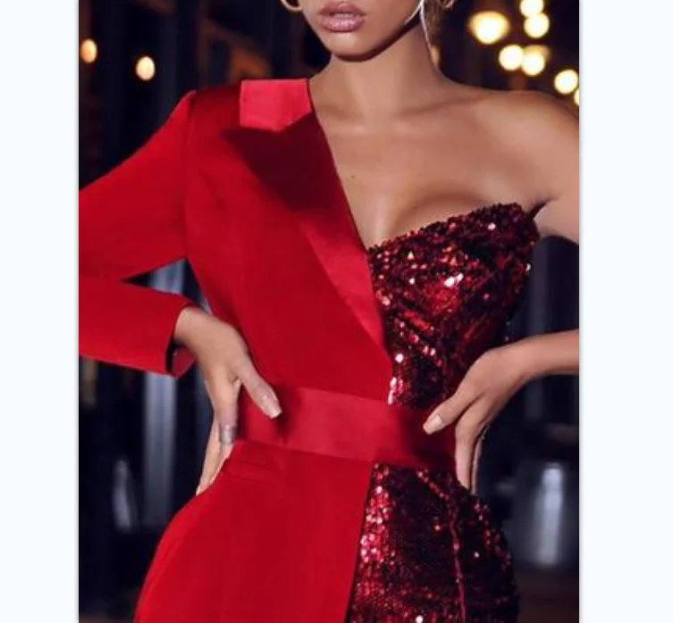 

Women One Shoulder Patchwork Asymmetrical Party DressLong Sleeve Sequins evening Blazer Dress, Red,black