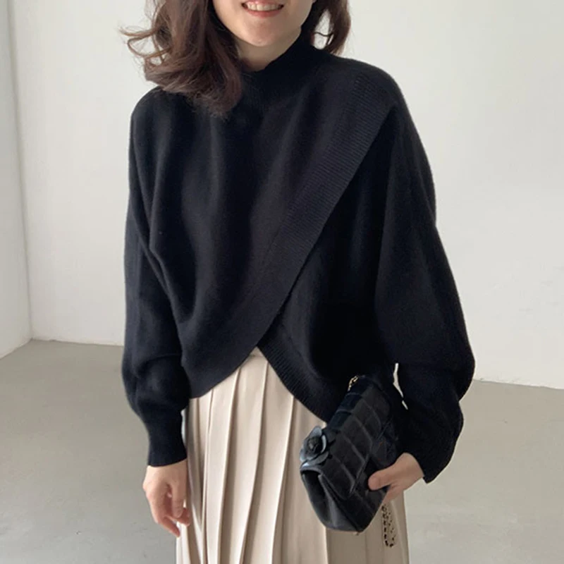 Wholesale 2026 Spring Retro Versatile Stand-up Collar Pullover Loose Irregular Cross Split Skin-friendly Long Sleeve Sweaters