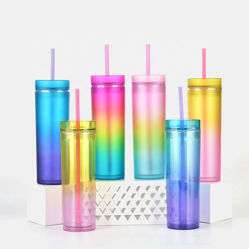 

Amazon Hot BPA free Plastic Gradient Skinny Tumblers Cups 16Oz Double Wall Colorful Portable Acrylic Tumbler Mugs With Straw, Gradient colorful