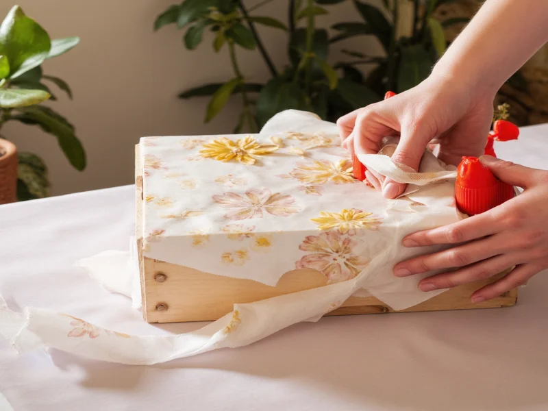 Hand applying floral paper to wooden box with homemade glue