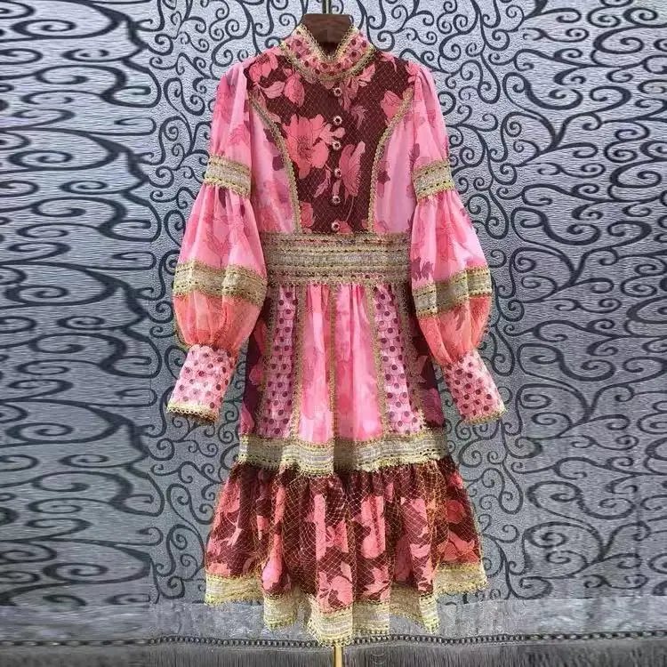 

Sweet Bohemia China Black Rainforest Lotus Leaf Sleeve Decor Korean Long Floral Chiffon Dress