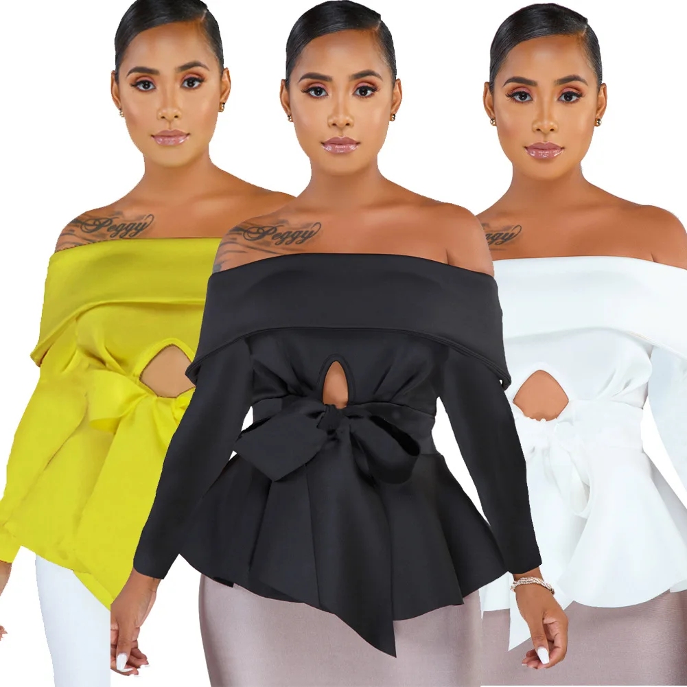

Autumn Bodycon Off Shoulder Hollow Out Bow Office Ladies Tops Shirt, As photo