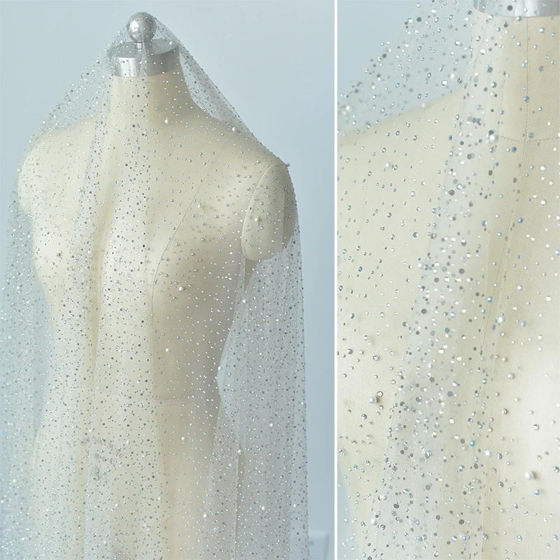 

Color hot diamond embroidery lace mesh transparent beaded pearl fabric