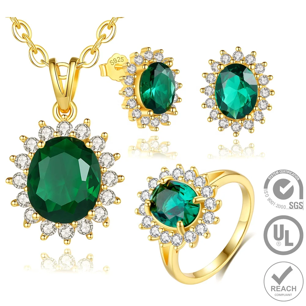 

Fashion 925 Sterling Silver 18K Gold Plated Oval Shaped Emerald Cut Luxury Green Cubic Zirconia Fine Jewelry Set for Women