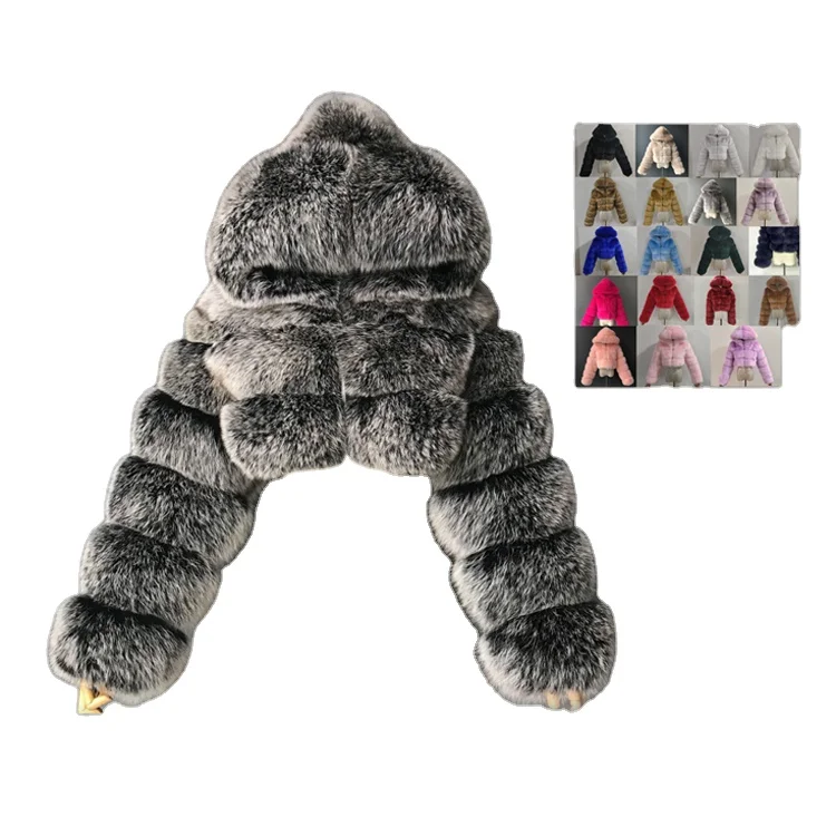 

Women oversize 2020 Winter hooded faux fox fur crop coat Soft Fashion Clothing Casual jacket, Picture