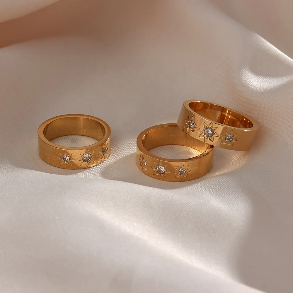 

Three Eight-Pointed Star Gold Plated Stainless Steel Princess Cut Engagement Zircon Rings