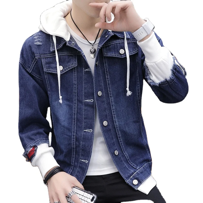 

2021 Wholesale Custom Denim Jacket Men Hooded Jean Hoodie Blue Jeans Jacket for Men