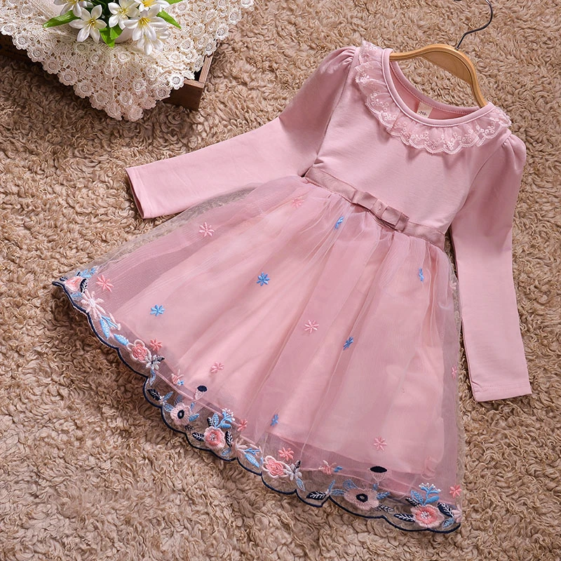 

the best seller skirt autumn baby girls kids pretty dress Long-sleeve O-neck lace fashion little girls frock for 2 years baby, Pink