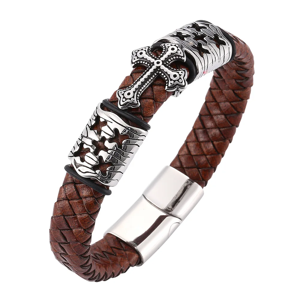 

Fashon Jewelry Wrap Brown Cross Magnetic Buckle Men 316 Stainless Steel Genuine Braided Leather Bracelets