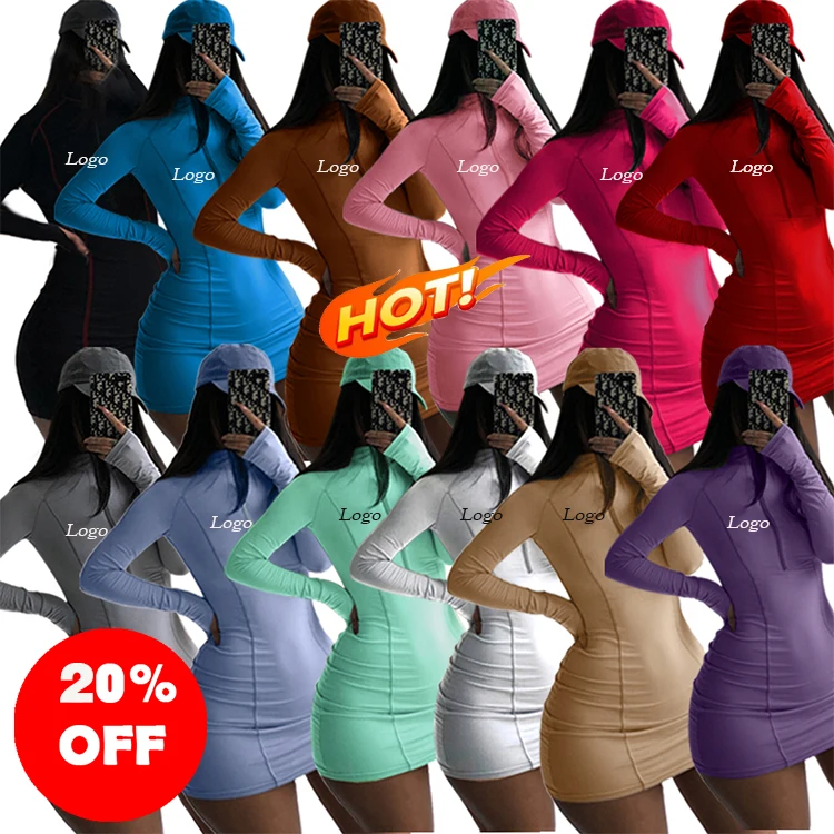 

2021 Wholesale fashion tshirt dress women fall dresses for women solid color zipper long sleeve fall spring clothes