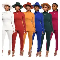 

10AF333 new arrival stand neck solid color rib fabric two piece pants suit set women clothing