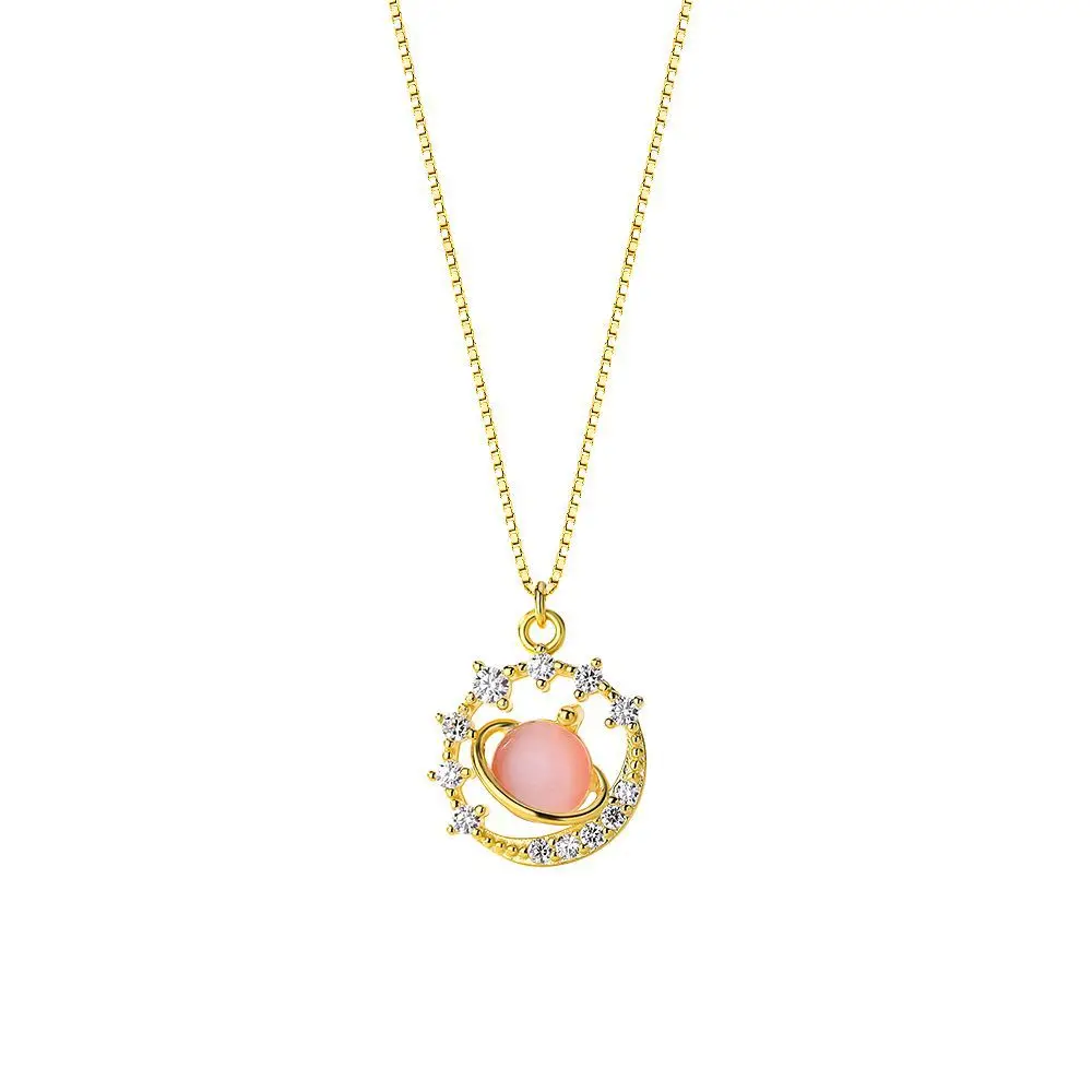 

Ins fashion s925 sterling silver gold dainty planet opal pendant necklace