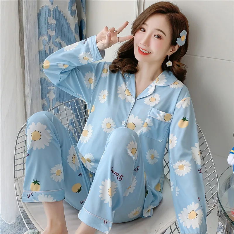 

2021 Cartoon Sleepwear Two Piece Set Daster Wanita Piyama Korea Pillama Mujer Satin Pyjama Long Sleeve Pijama Pajama For Women