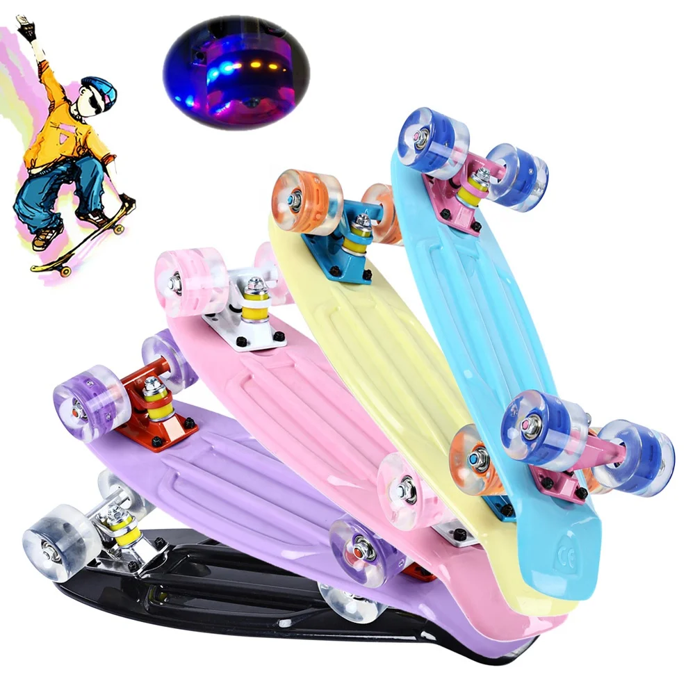 

Skateboard Skate BoardCruiser Four-wheel Banana Style Plastic Board Deck Aluminum Bracket with LED Flashing Wheels, Picture