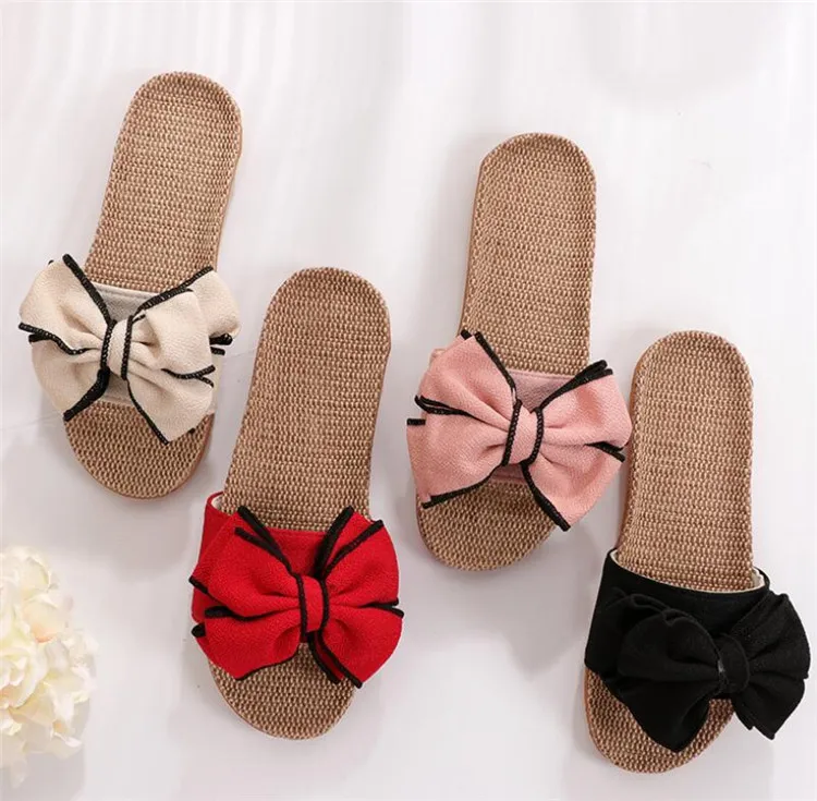 

Summer Ladies Slippers Fashion Linen Bowknot Woman Slides Slippers PVC Outsole Women's Slippers, 5colors