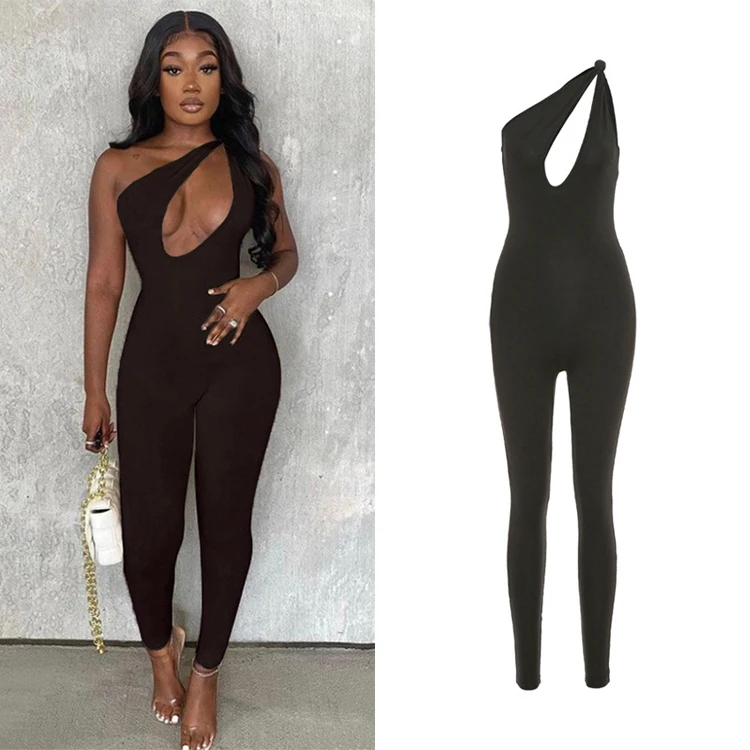 

New Arrivals 2021 Trendy Khaki One Shoulder Knot Hollow Out Women Rompers Sexy Bodycon One Piece Jumpsuit For Women