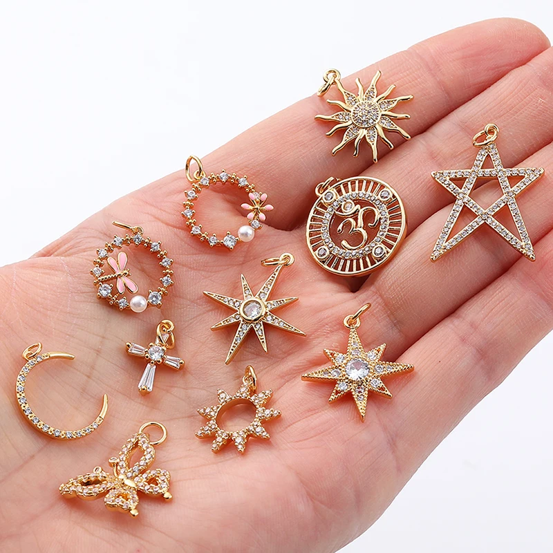 

Sun Moon Star Planet Flowers Butterflies Dragonflies Crosses Love Letters Zircon Cz Replaceable Bulk Gold Plated Charms Pendants