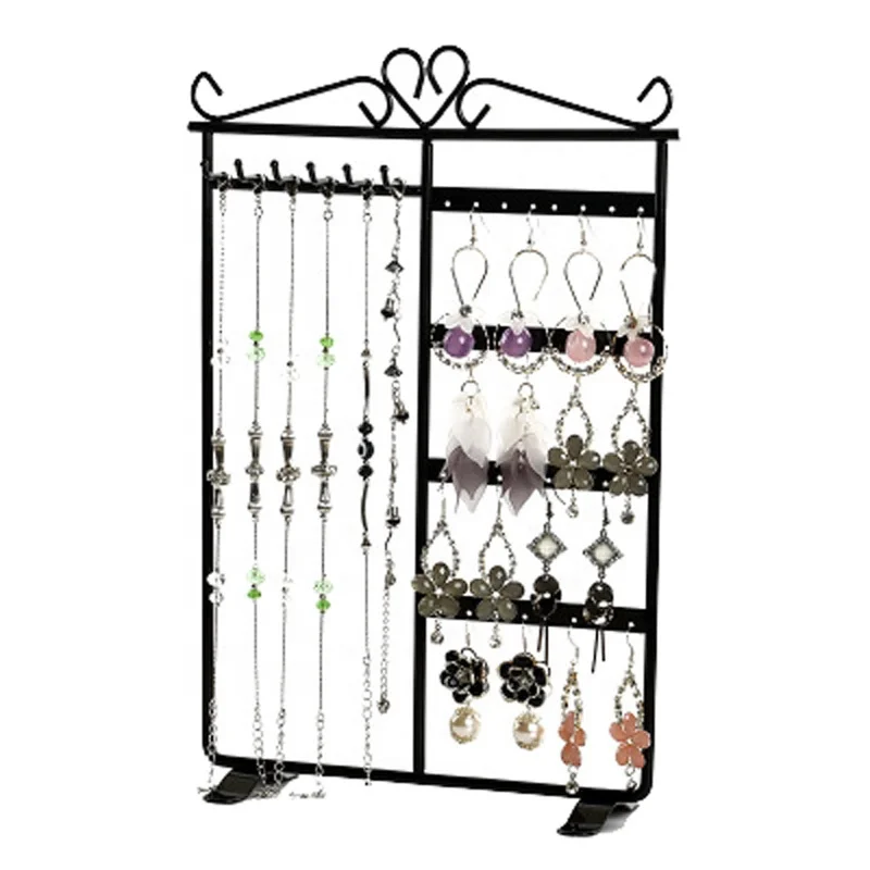 

MW-8010 Amazon Hot Sale 32 Holes 6 Hooks Metal Earring and Necklace Holder Bracelet Display Stand Metal Jewelry Storage Stand, Bronze,black,white