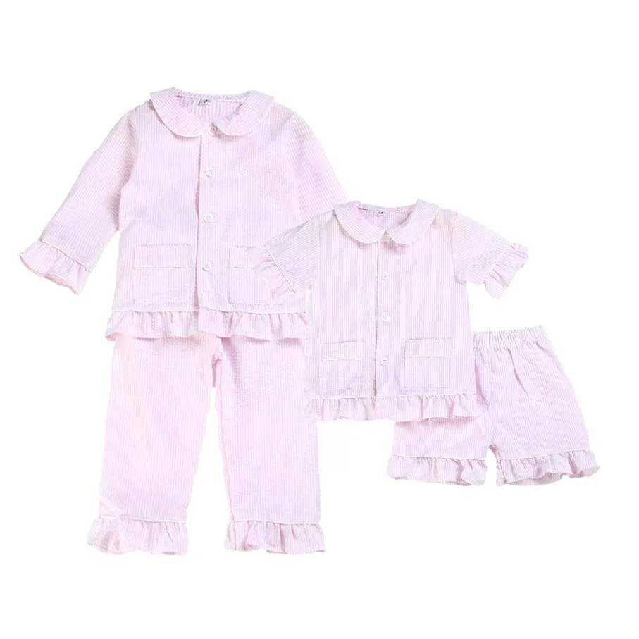 

NO MOQ RTS 100% cotton seersucker pyjamas casual two pieces sets spring summer kids girls pajamas sibling, Picture