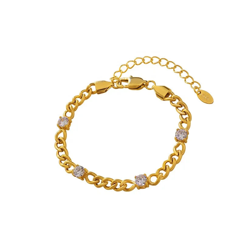 

New Design Clear Zircon Gold Link Chain Bracelet Stainless Steel Jewelry