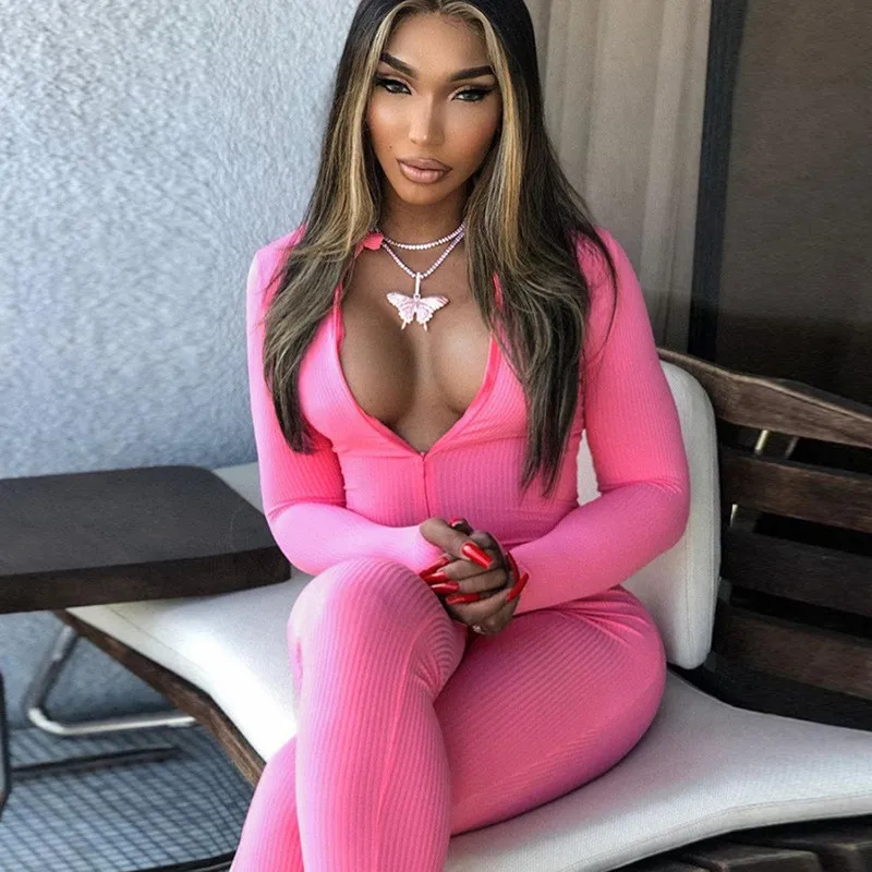 

2020 New Winter Tight Casual Long Sleeve Pants Deep O- Neck Half Zipper Sexy Rompers Womens Jumpsuit stacked leg jumpsuit, Pink, black, khaki,grey,white