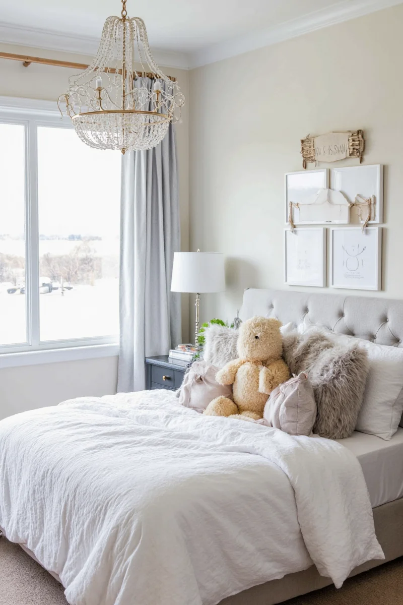 Wall-mounted bookshelves in a kid's bedroom