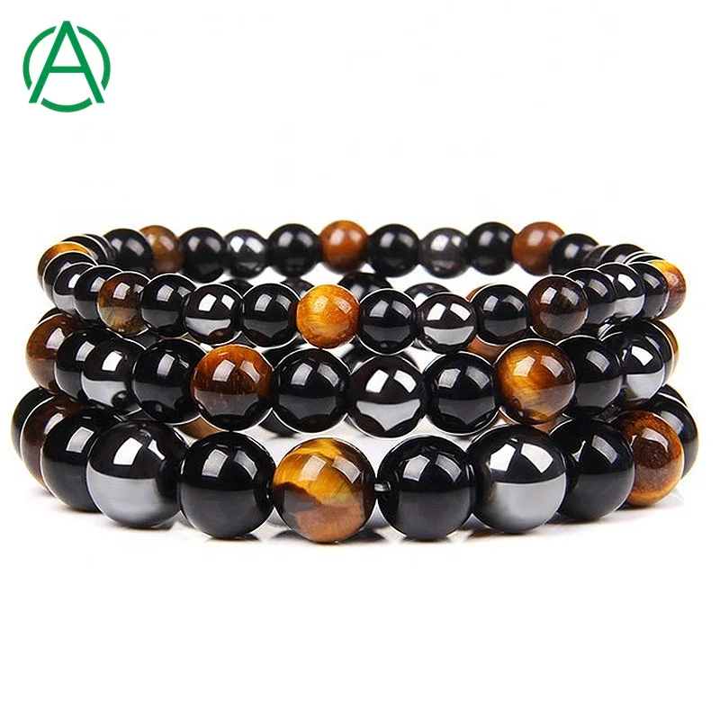 

ArthurGem Bring Luck And Prosperity Natural Hematite Black Obsidian Tiger Eye Stone Triple Protection Bracelet for men women, 100% natural color