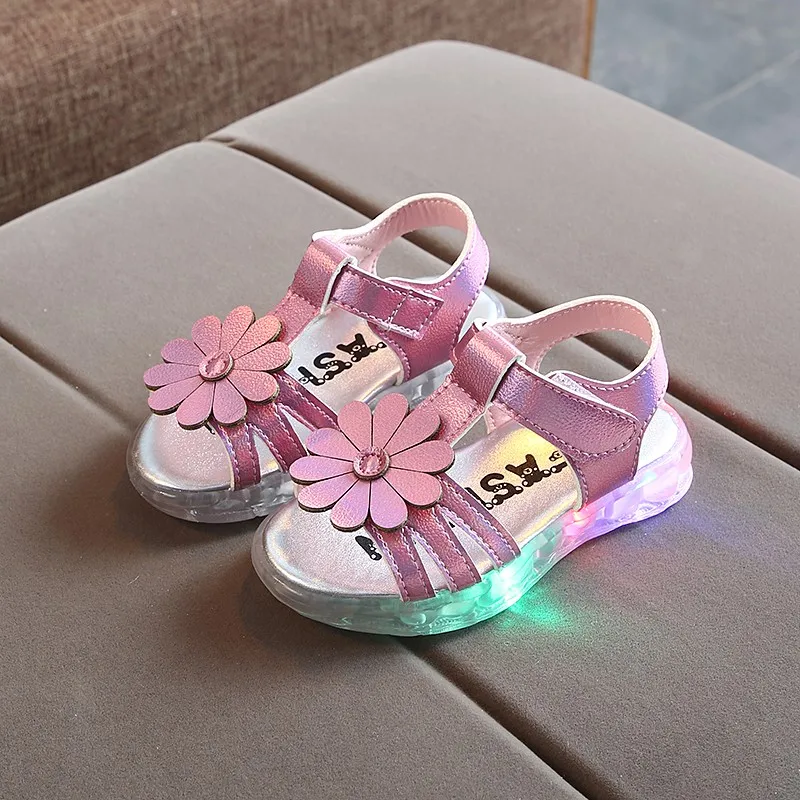 
summer kids girls flower beach led light sandals fashion popular 