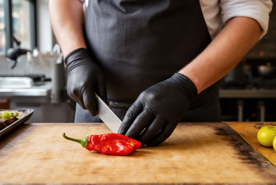 Chef wearing protective gloves and eyewear while carefully mincing a red Trinidad Scorpion pepper on cutting board