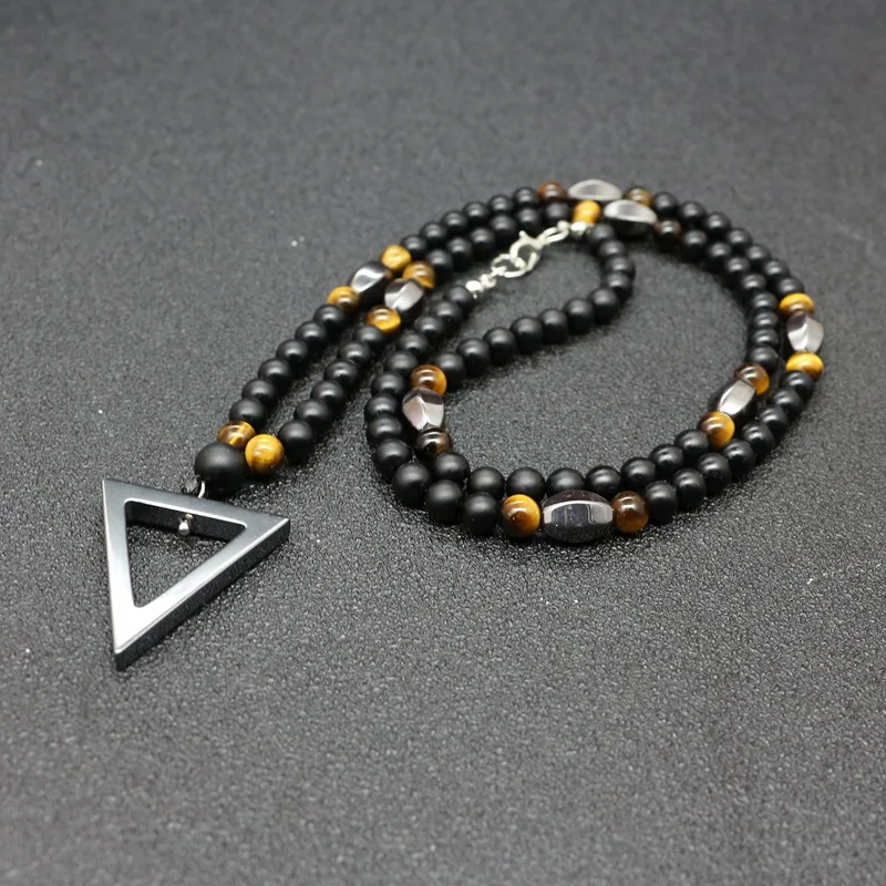 

2021 Hot fashion Jewelry Mens Necklace 6MM Matte Beads With Triangle Pendant Hematite Punk Necklace, As is or customized