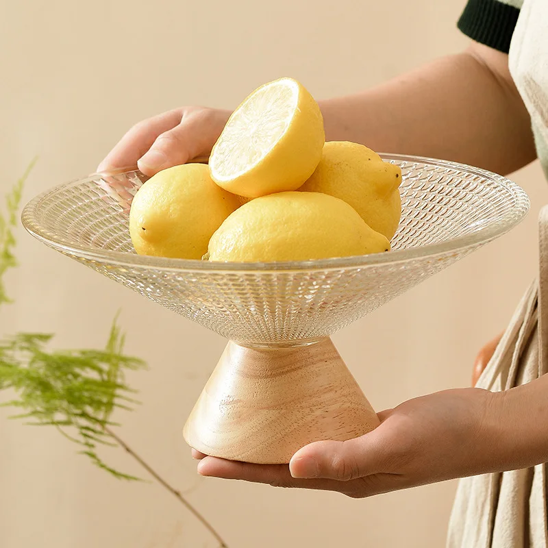 Bohemian Eco-Friendly Glass Fruit Plate Ornament with Rubber Wood Bottom Round Snack Tray for Household Living Room