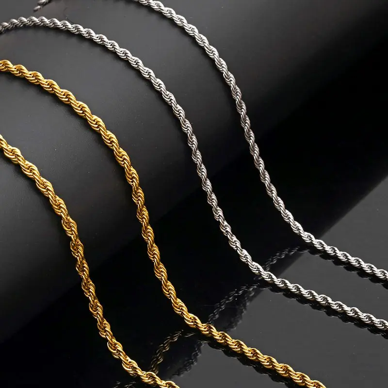 Wholesale Hip Hop 3mm Silver Gold Plated Stainless Steel Rope Chain Necklace Unisex Twist Chain