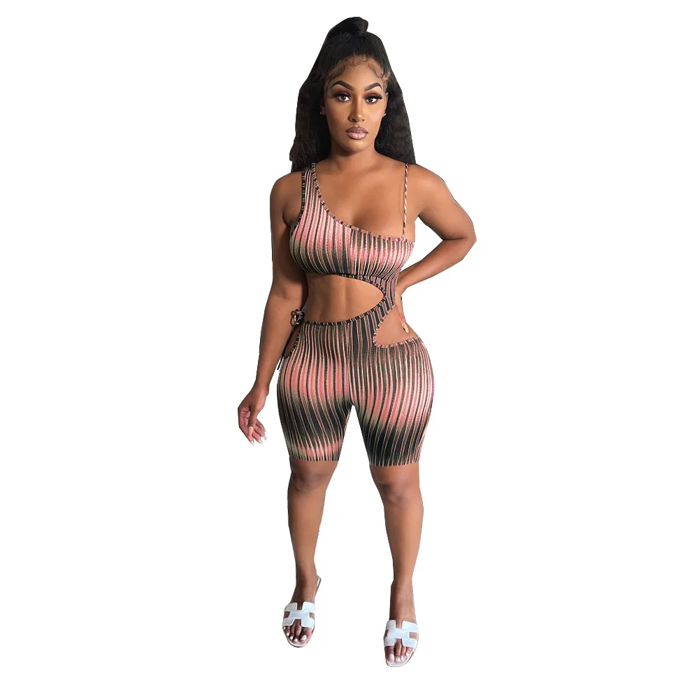 

S-XXL women's fashion sexy hollow printed lace-up asymmetrical jumpsuit