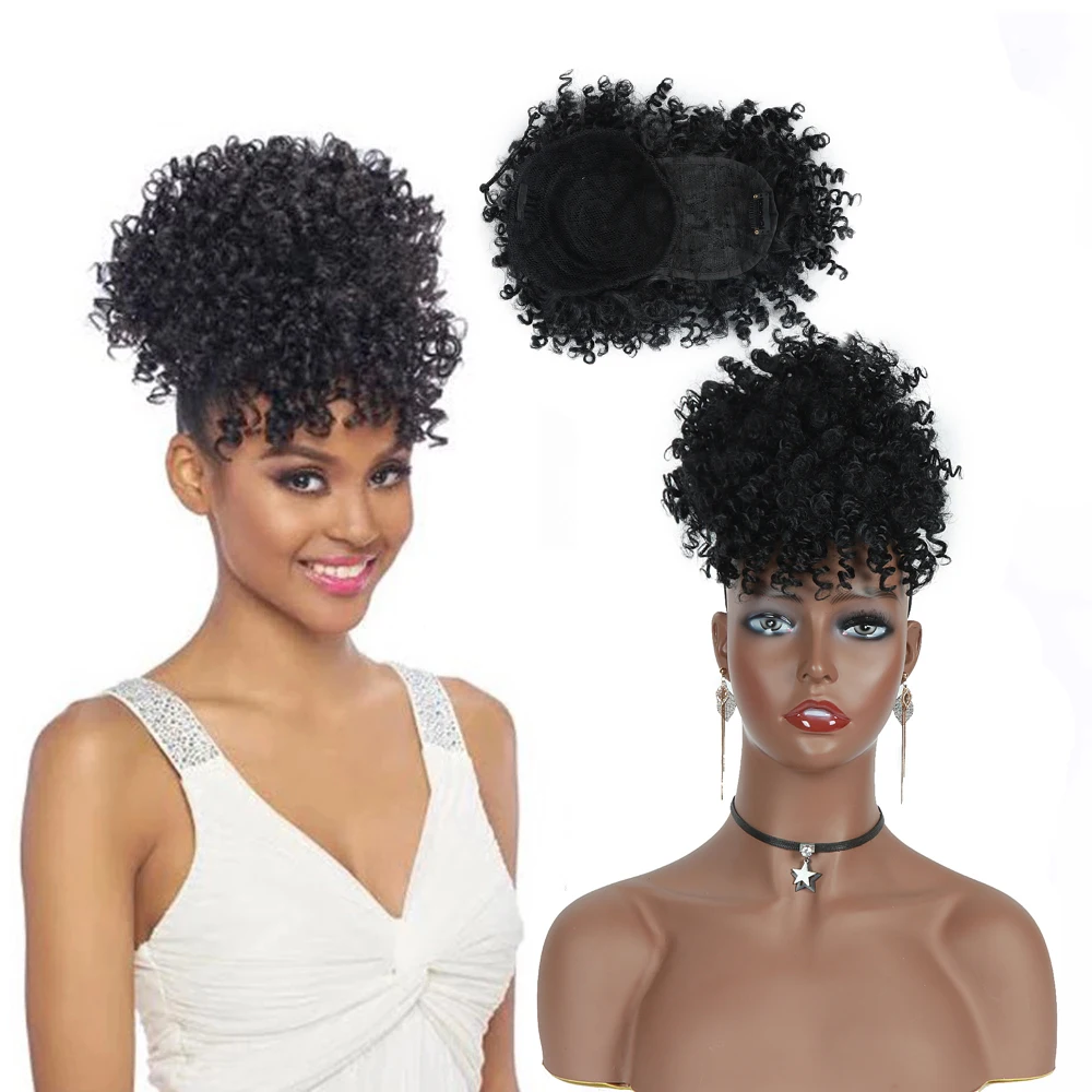 

Afro Puff Clip Ponytail Drawstring With Bangs Short Kinky Curly Hair Bun Clip in on Wrap Updo Hair Extensions for African women