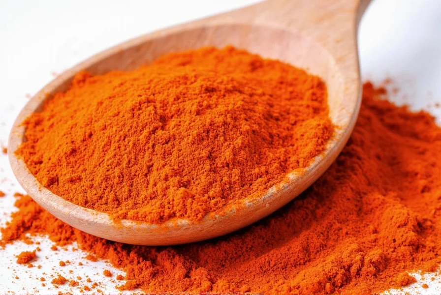 Close-up view of vibrant red cayenne pepper powder in a glass spice jar with wooden spoon
