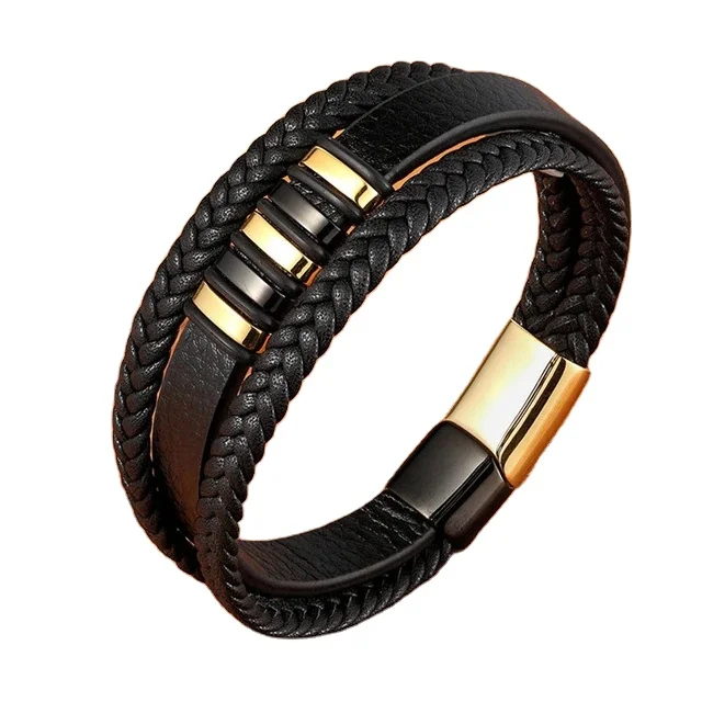 

New 3 Layers Black Gold Punk Genuine Leather Bracelet for Male Magnetic Stainless Bracelet Button Birthday Gift Men Bracelet