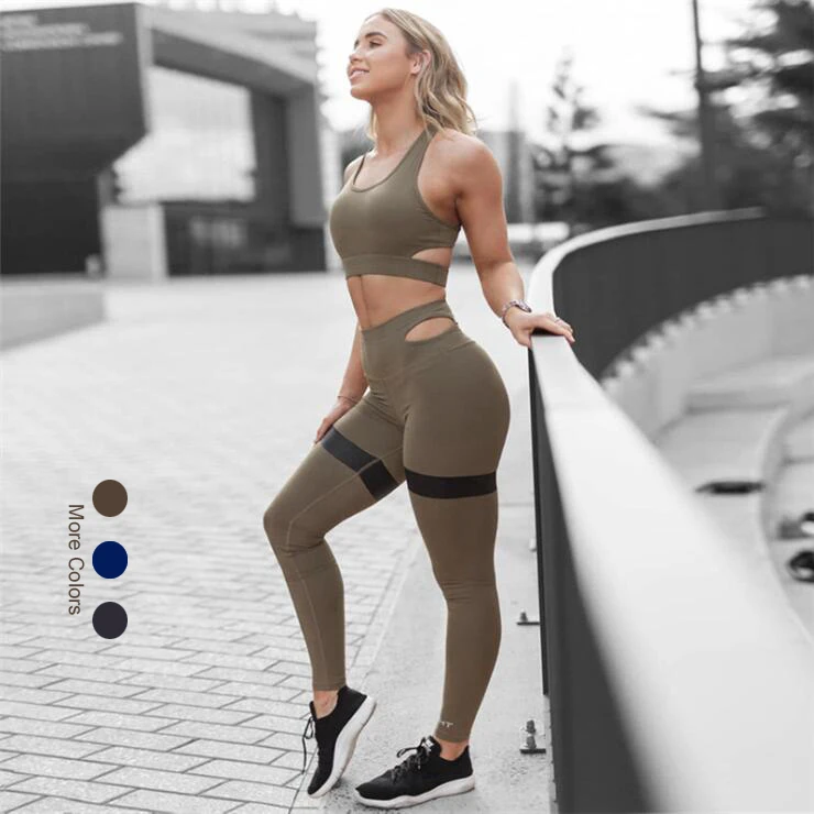 

Popular 2020 Amazon New Women Printed Yoga Gym Crop Top Fitness Hollowing High Waist Pants Set, As pictures