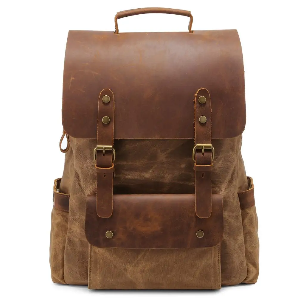 

Vintage Waxed Canvas Backpack Canvas Leather Roll Top Backpack