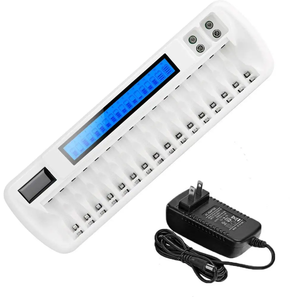 

16 slots 12v battery charger for aa aaa nicd nimh 9V batteries with lcd display, Black white