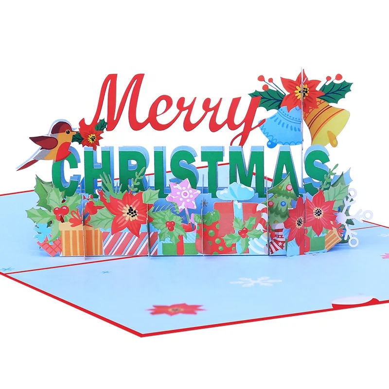 

New Arrival Amazon Funny Paper Craft 3D Pop Up Merry Christmas Gift Greeting Cards with Envelope and Message Tag