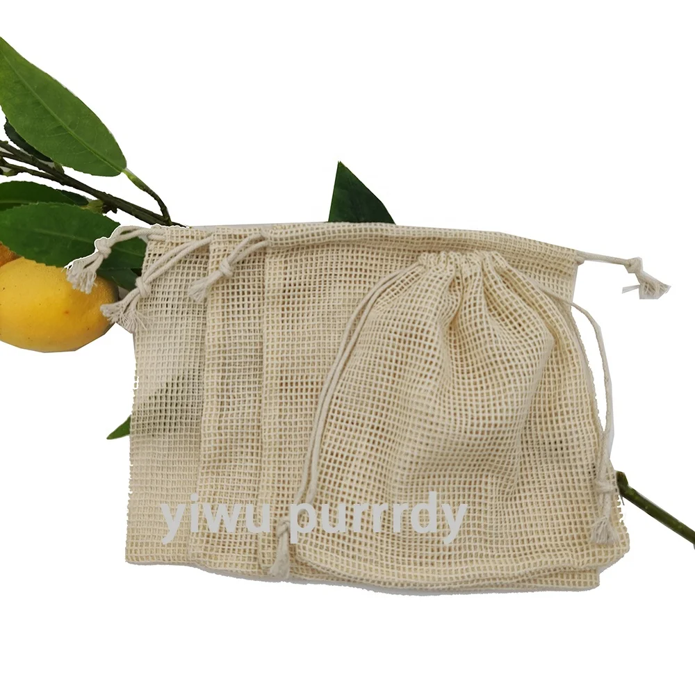 

Best Reusable Mesh Produce Bags from 100% Organic Cotton Vegetable and Fruit Eco Friendly mesh pouch calico linen cotton bag, Natural color