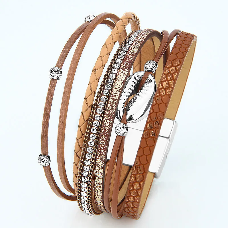 

Fashion Shell Crystal Bracelets Women Magnetic Buckle Multilayer Leather Bracelets Friendship Jewelry Gifts(KB8422), As picture