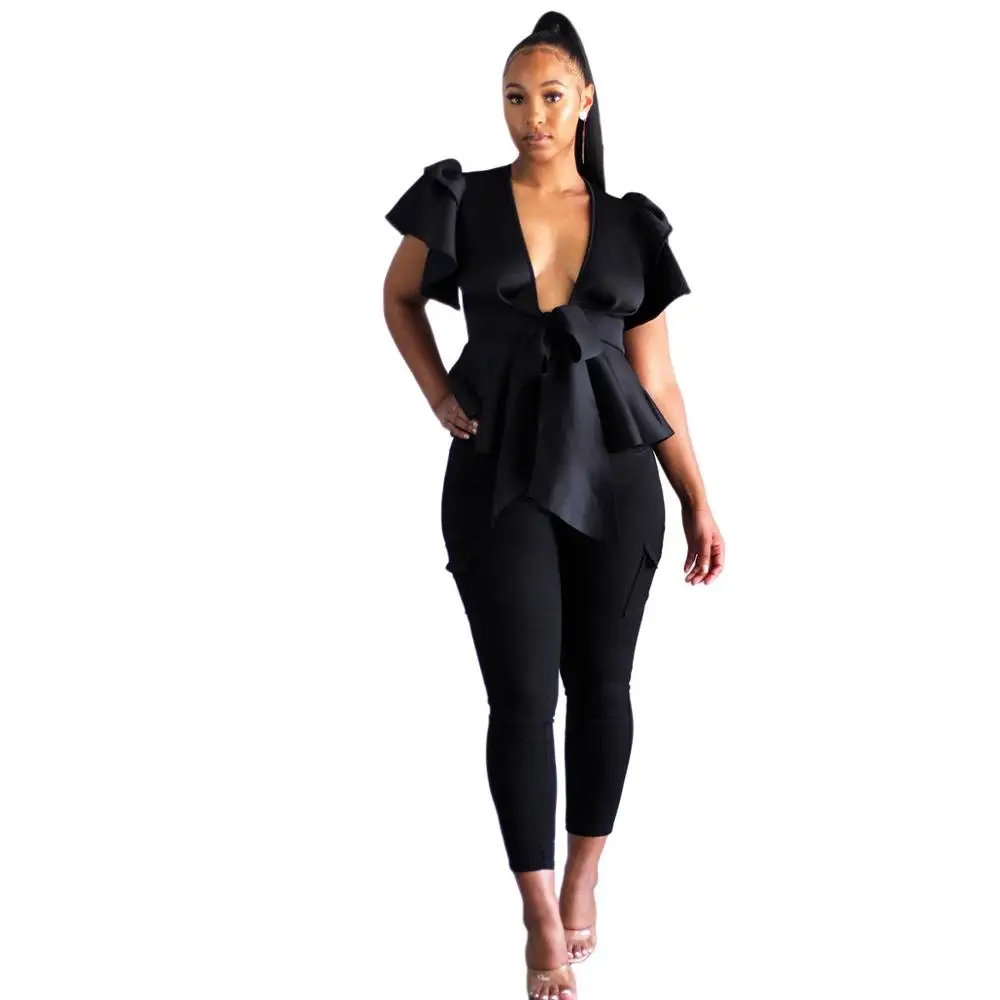 

20210-MX78 black sehe fashion deep v ruffles tops for women
