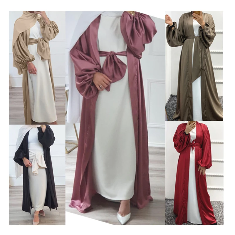 

New Design Islamic Clothing Muslim Dubai Robe Satin Silk Abaya Kimono Puff Sleeve Cardigan Dress