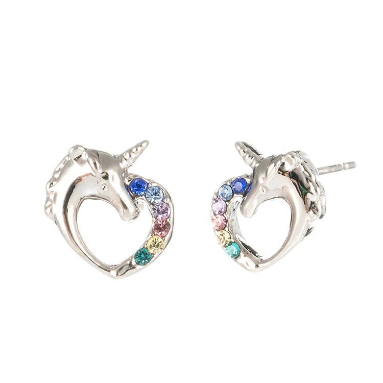 

Mini Silver Plated Czech Crystal Heart Unicorn Stud Earrings For Girl Women