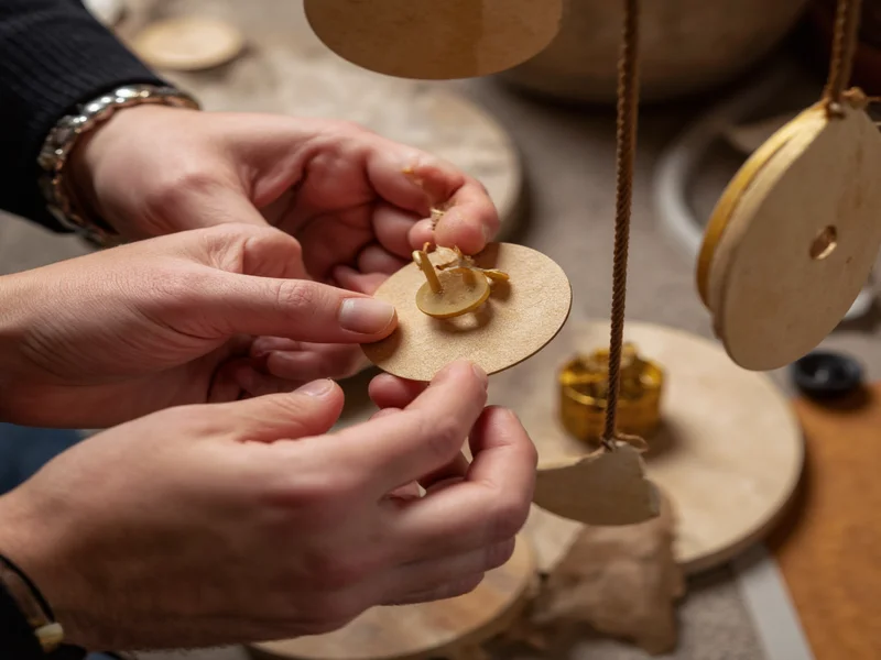 Close-up of hands assembling disc wind chime components