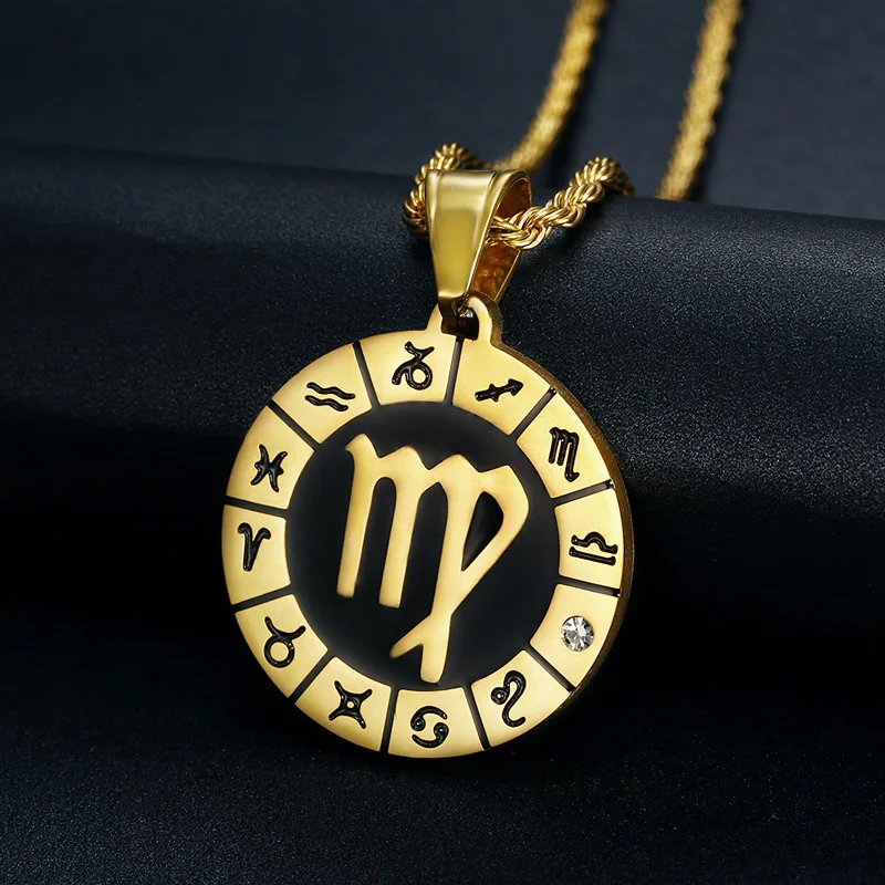 

New Fashion Custom Jewelry Astrology Horoscope Pendant Rope Chain Necklace Round Coin Rhinestone Zodiac Sign Pendant Necklace, Silver , gold plated, rose gold